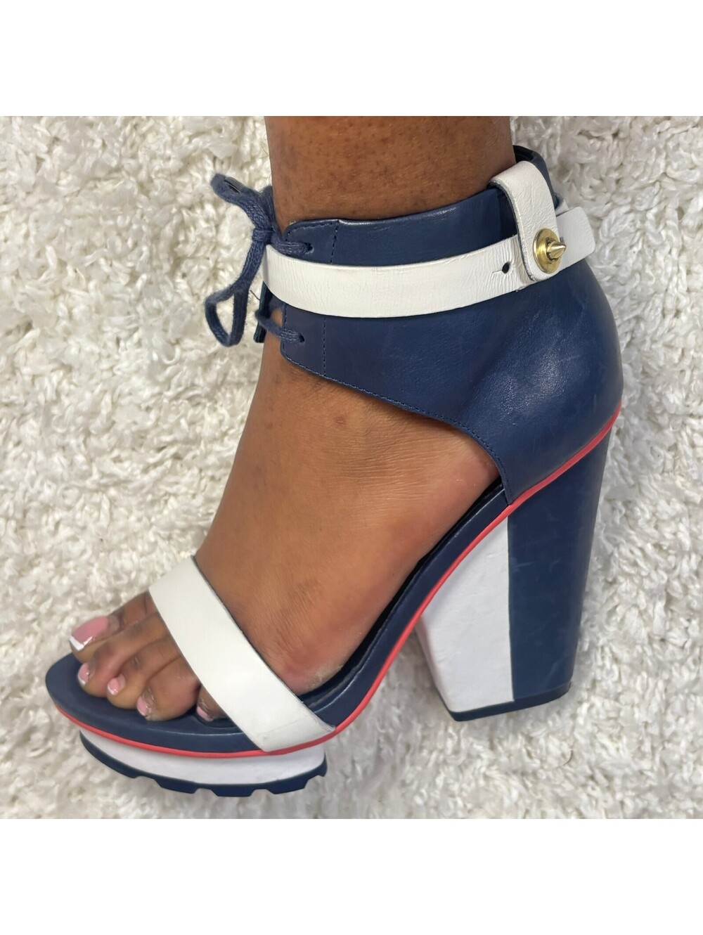 Timo Weiland for Tsubo Chunky Platform Heels Navy White Red Size 6.5 Sandals